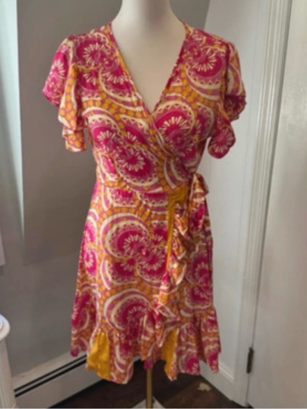 Laraethnics Pink Mandala Print Wrap Mini Dress Ruffle Hem Size S/M